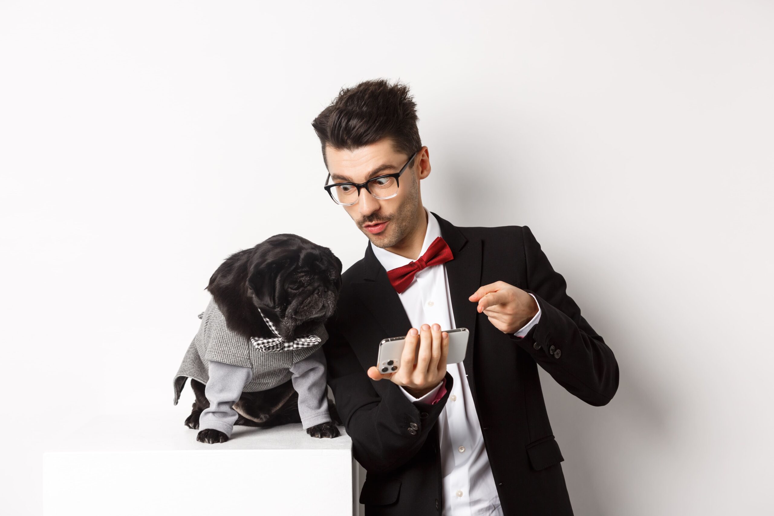 Man showing phone to dressed pug dog, explaining something—concept related to is aca dog bad and pet ownership concerns