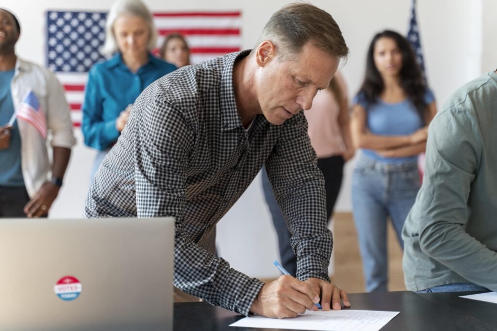 Republican stance on ACA subsidies concept showing voter signing form at polling station in the United States