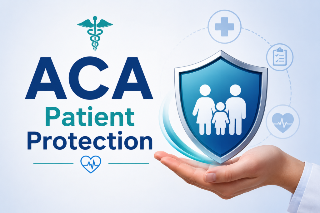 ACA Patient Protection healthcare banner featuring a family shield icon with medical symbols representing health coverage and patient safety.