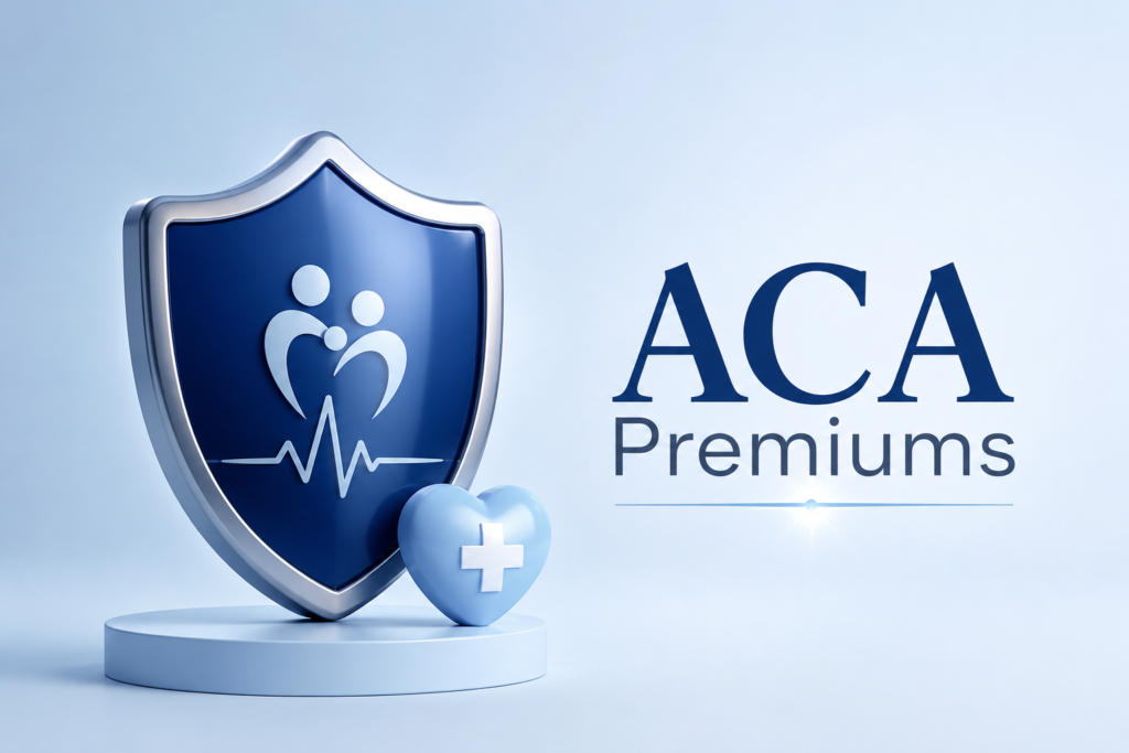 ACA Premiums healthcare graphic with blue shield, heart icon, and modern medical protection theme.