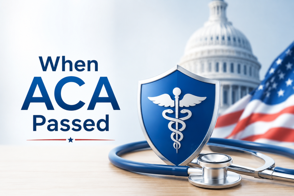 When ACA Passed healthcare illustration with medical shield, stethoscope, U.S. Capitol building, and American flag background.