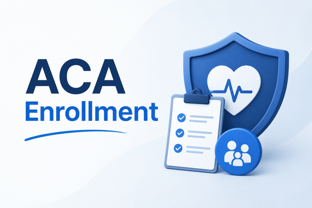 ACA Enrollment healthcare illustration with blue shield, checklist, and family icon on a clean modern background