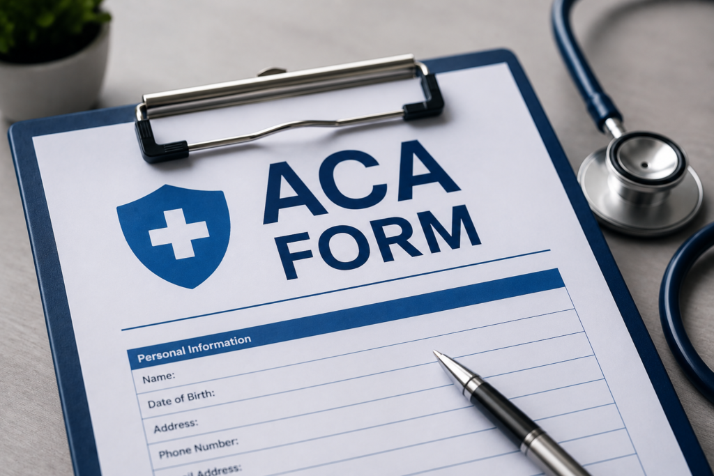 ACA Form displayed on a clipboard with a pen and stethoscope, representing Affordable Care Act enrollment, health insurance applications, and healthcare documentation.