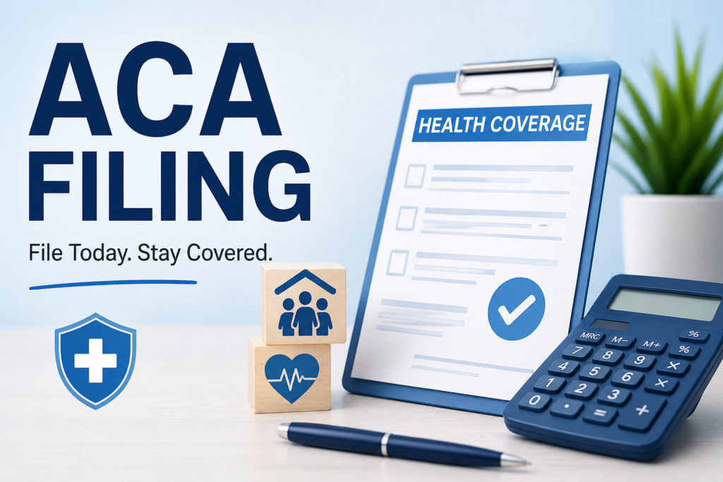 ACA Filing illustration featuring tax documents, a checklist, and healthcare icons representing Affordable Care Act filing requirements and reporting deadlines.