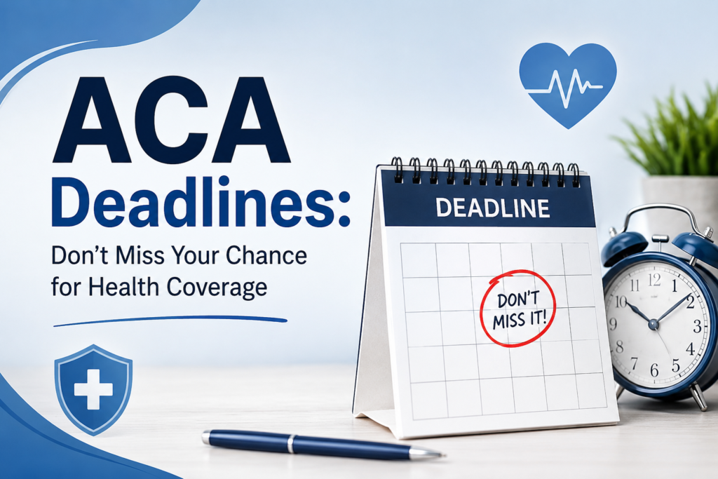 ACA Deadlines illustration featuring a calendar, alarm clock, and healthcare icons reminding consumers about important health insurance enrollment dates.