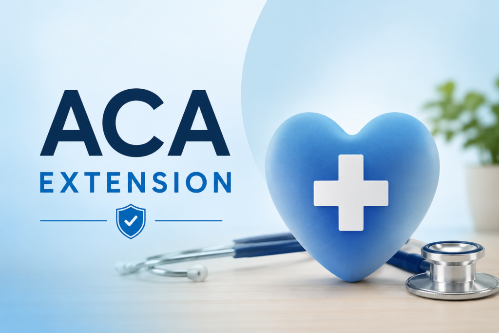 ACA Extension healthcare graphic featuring a blue heart with a medical cross, stethoscope, and modern healthcare-themed background.