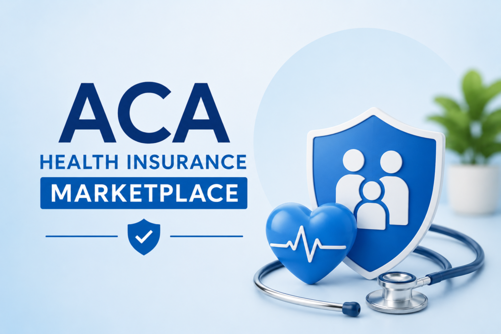 ACA Health Insurance Marketplace graphic featuring a healthcare shield, heart icon, and stethoscope symbolizing affordable health coverage options.