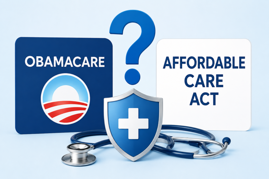 Is Obamacare and Affordable Care Act the same? Modern healthcare illustration featuring Obamacare and Affordable Care Act panels with a medical shield, stethoscope, and question mark.