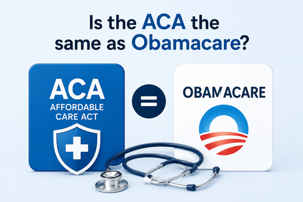 Is the ACA the same as Obamacare? Modern healthcare illustration showing ACA and Obamacare side by side with an equality symbol, medical shield, and stethoscope.