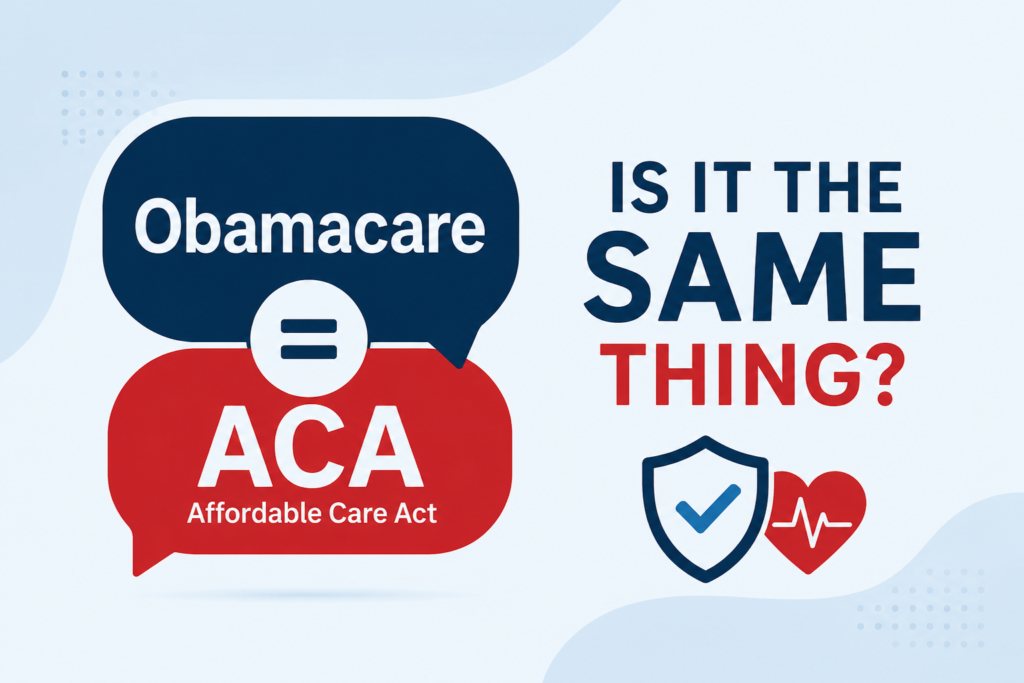 Illustration showing "Obamacare" and "ACA (Affordable Care Act)" connected with an equals sign, asking whether they are the same thing, alongside healthcare protection icons.